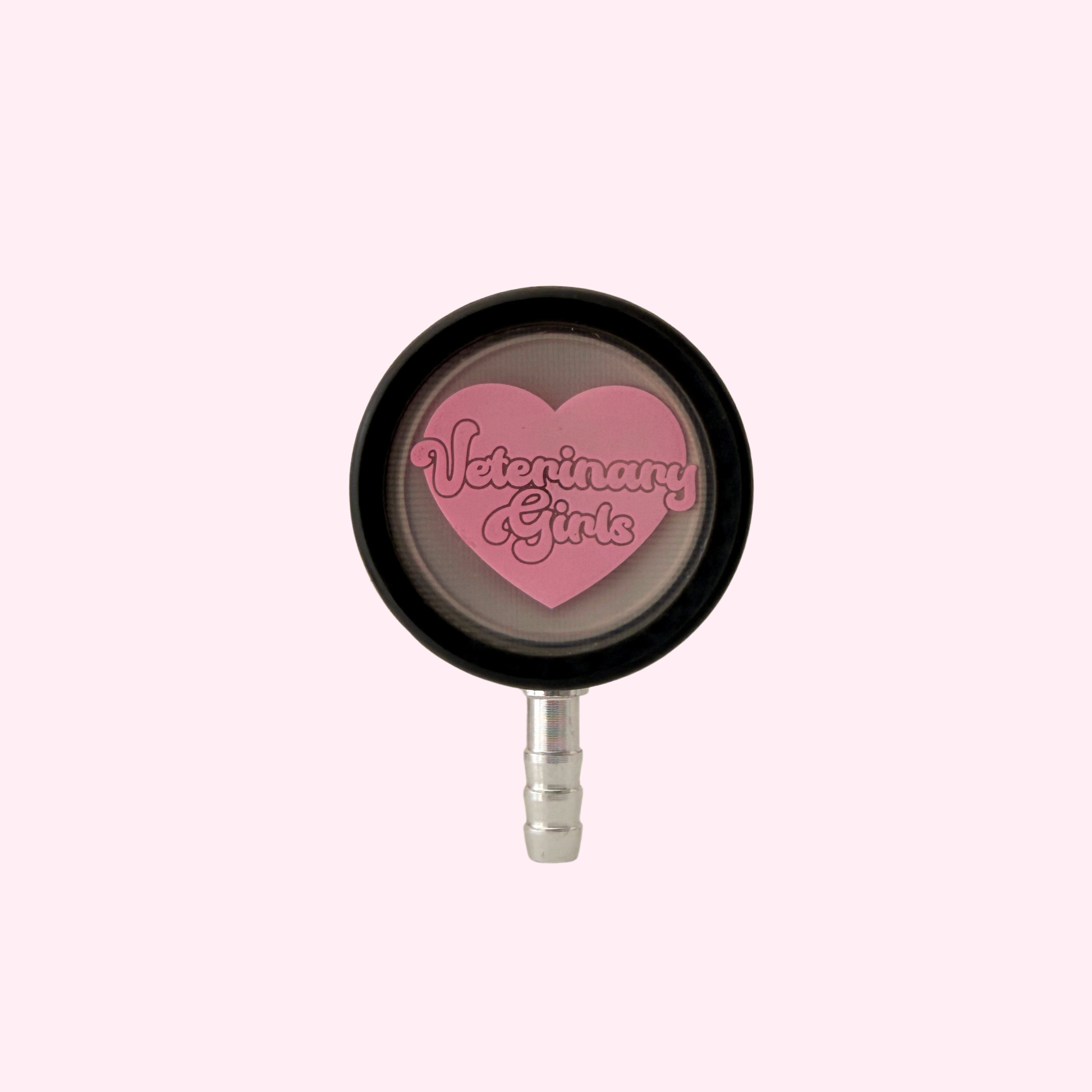  'Veterinary Girls' heart stethoscope design on a pink background