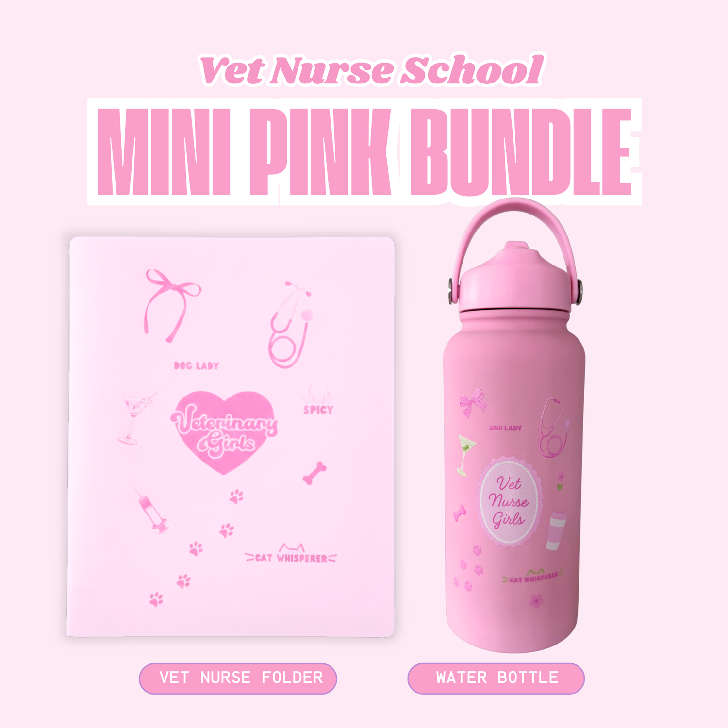 Pink 'Vet Nurse School' mini starter student kit bundle with folder and water bottle on a pink background
