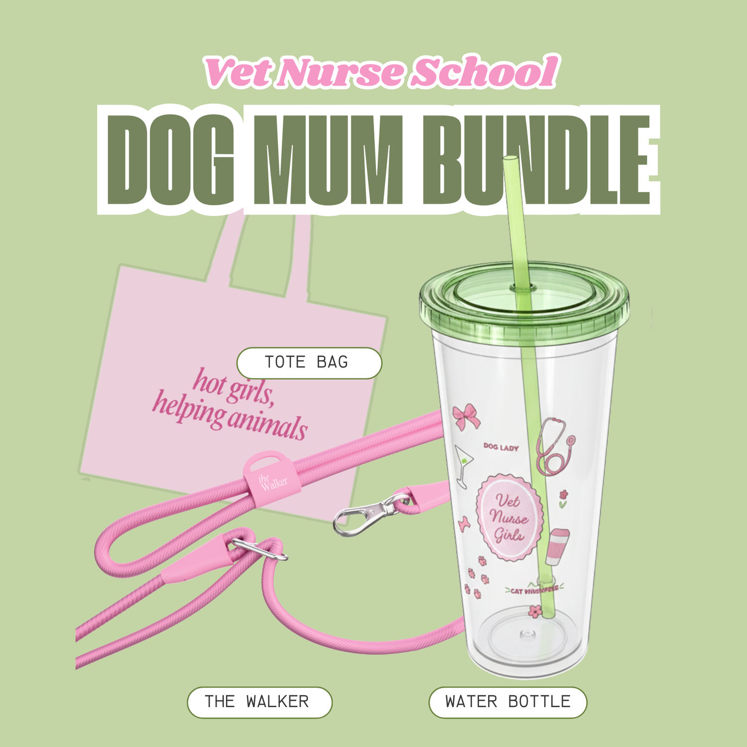 Dog mum bundle with tote bag, leash, and water bottle on a green background